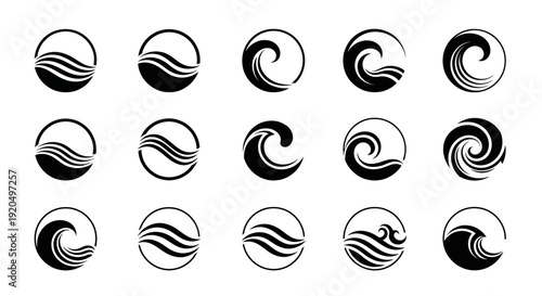 Set of Circular Wave Icons: Ocean, Sea, Water Swirls, and Ripples