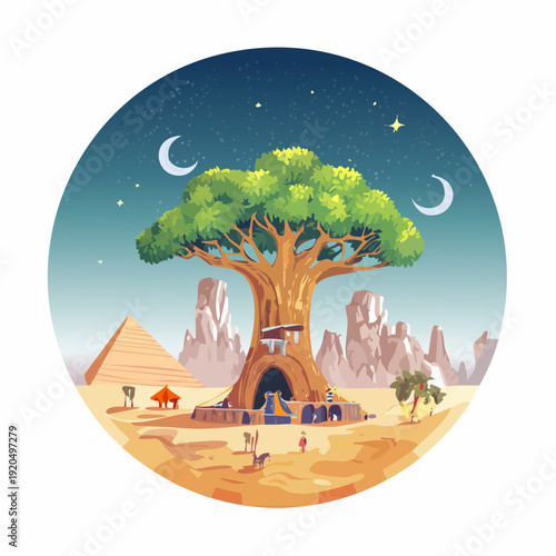 Enchanting oasis with ancient pyramids and a majestic tree under a starry desert sky