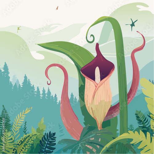 Lush Jungle Scene with Giant Exotic Flower and Tiny Flying Creatures