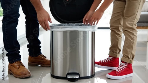 People throwing trash into a stainless steel trash can.