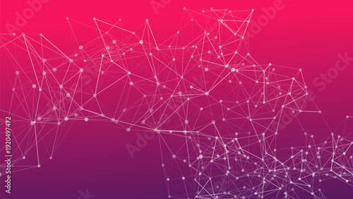 Abstract background with a network of connected dots and lines. Plexus structure representing technology, communication, and big data on a pink and purple gradient.