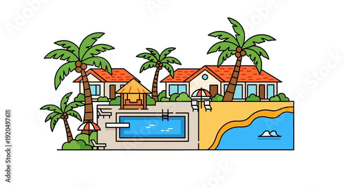 Tropical Beach House with Palm Trees.