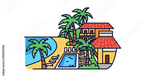 Tropical House with Palm Trees and Pool.