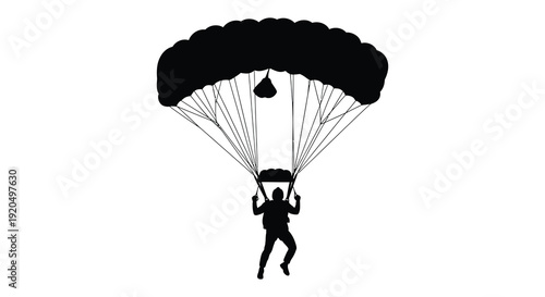 A stark black silhouette of a skydiver descending with an open parachute against a white backdrop silhouette high quality