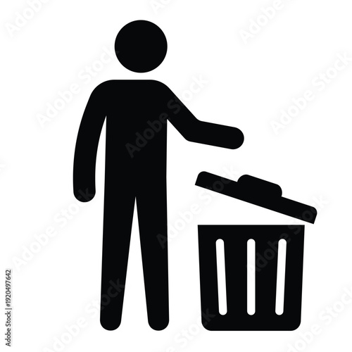 Black silhouette icon showing a person disposing of waste in a trash can with an open lid. Professional graphic for sanitation and housekeeping.