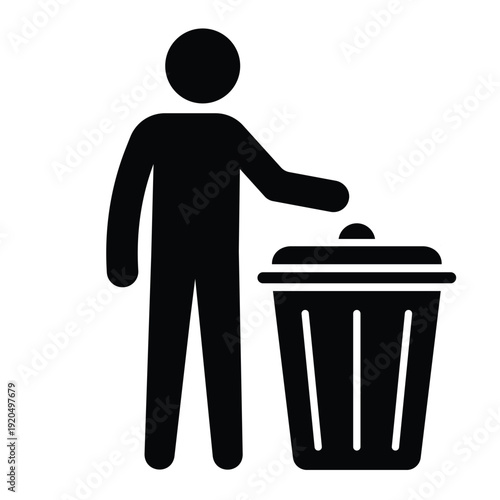 Black silhouette icon showing a person disposing of waste in a trash can with an open lid. Professional graphic for sanitation and housekeeping.