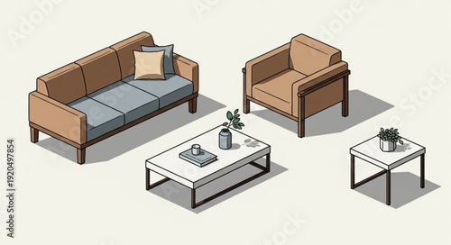 Modern Living Room Furniture Set Isometric View.
