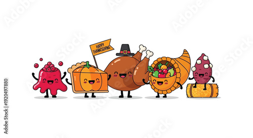 Adorable cartoon thanksgiving food characters with happy expressions including a turkey pumpkin pie and cornucopia silhouette high quality professional detailed modern