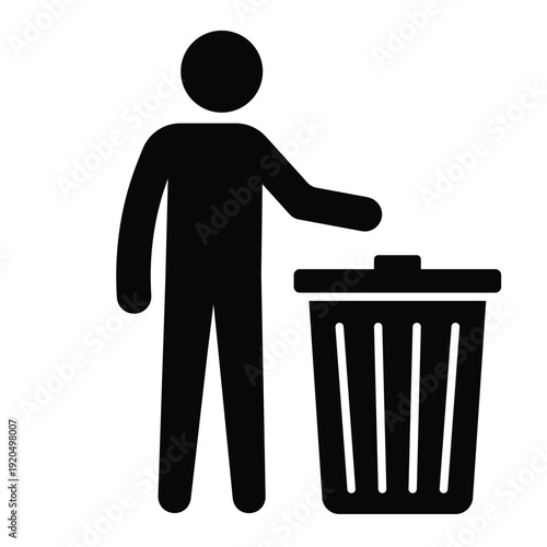 Black silhouette icon showing a person disposing of waste in a trash can with an open lid. Professional graphic for sanitation and housekeeping.