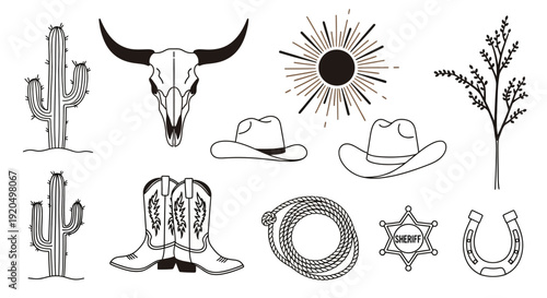 Western elements illustration set, cowboy symbols collection