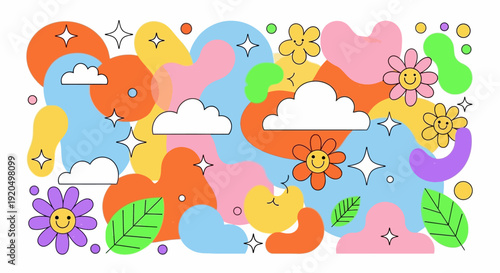 Whimsical Retro Groovy Pattern with Flowers and Clouds