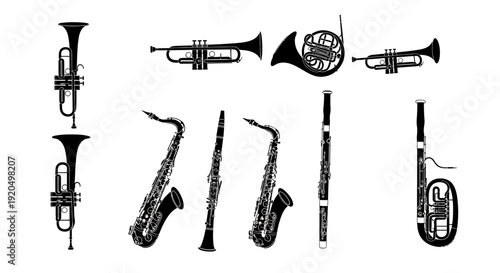Collection of Brass and Woodwind Musical Instruments Silhouette