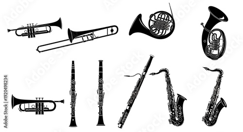 Orchestral Instruments Silhouette Collection: Brass and Woodwind Instruments