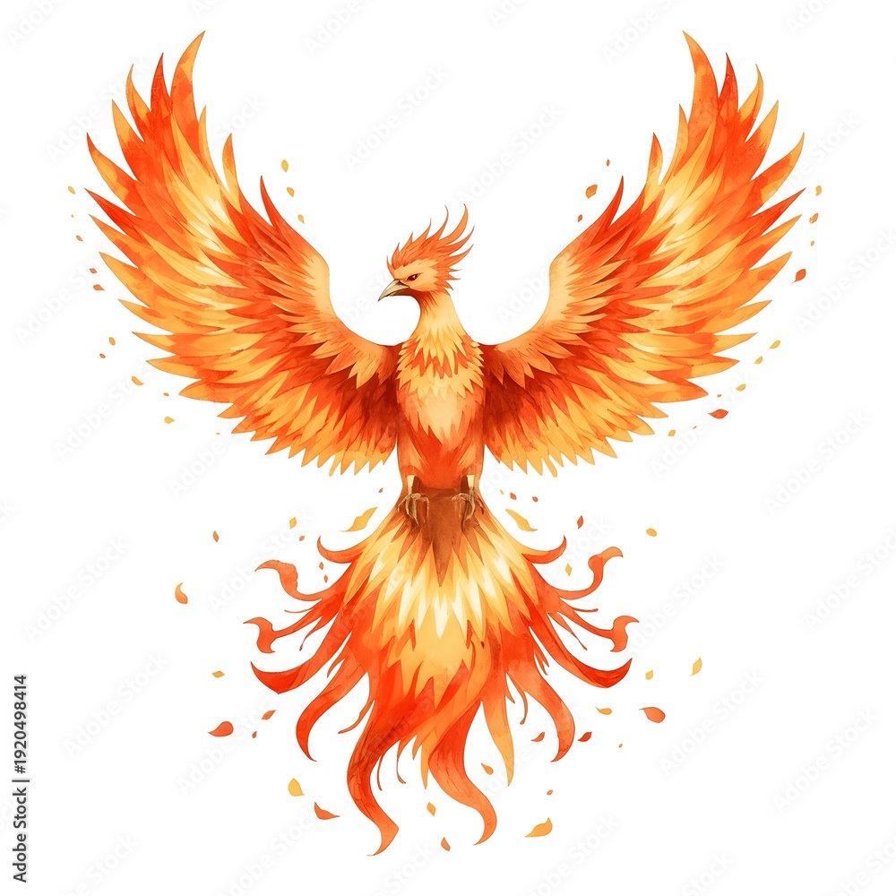 Fototapeta premium Watercolor phoenix illustration displaying vibrant orange and yellow feathers against a white background