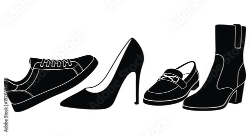 A collection of various footwear is displayed in a stark black graphic emphasizing form and style silhouette high quality