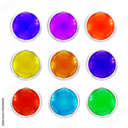 A set of nine colorful, glossy round buttons with silver bezels. Isolated 3D vector icons for web design, user interfaces, apps, and multimedia.