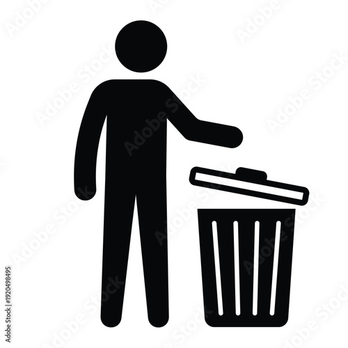 Black silhouette icon showing a person disposing of waste in a trash can with an open lid. Professional graphic for sanitation and housekeeping.