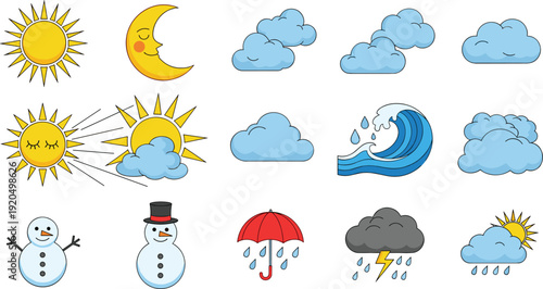 Cute weather icons set vector illustration featuring sun moon clouds rain storm wave snowman and umbrella