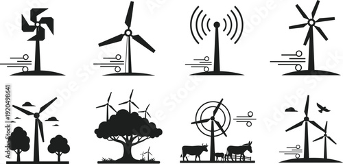 Wind turbine silhouettes set, renewable energy and wind farm icons with trees animals isolated on white background vector illustration
