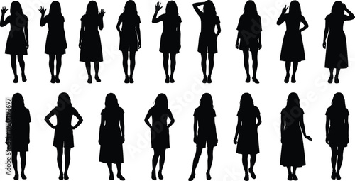 Woman silhouettes collection, female standing poses set, girl figure gestures waving casual dress isolated on white background vector illustration