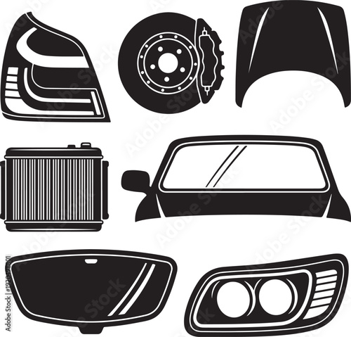 Black and White Car Parts Vector Set for Automotive Design and Repair Graphics