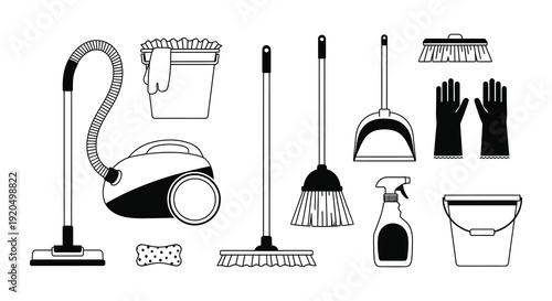 A collection of cleaning tools including a vacuum bucket and brushes depicted in a stark silhouette high quality professional detailed modern