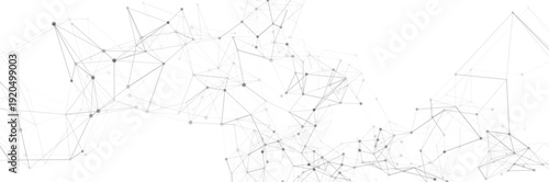 Abstract plexus of lines and dots on a white background. Digital network structure representing technology, data, and global communication connections. Wide banner format.