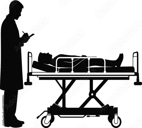Black Silhouette Vector Illustration of a Male Doctor or Surgeon Taking Notes While Standing Next to a Patient Lying on a Hospital Stretcher