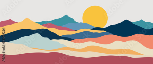 Minimalist abstract mountain landscape vector set with large sun circle and grid patterns for modern wall decor and graphic cover design