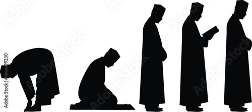 Black Silhouette Vector Illustration Set of a Muslim Man Performing Different Prayer Positions Including Bowing Prostrating Standing and Reading the Holy Quran
