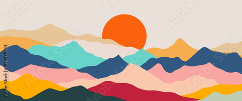 Intricate abstract mountain landscape vector with diverse geometric patterns and sun for premium Boho wall art and luxury minimalist packaging design