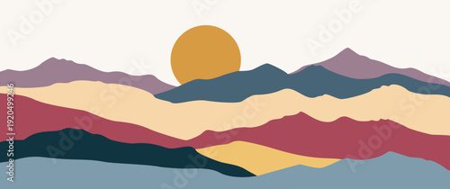 Abstract mountain landscape vector with geometric sun shapes and cloud lines for modern Bauhaus wall art and minimalist background design