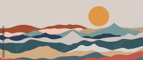 Minimalist abstract mountain landscape vector with stars and geometric sun for celestial wall art and inspirational success background design