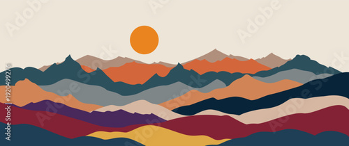 Modern abstract mountain landscape vector illustration with geometric shapes sun and moon for minimal wall art background and cover design
