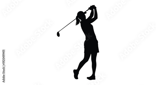 A dynamic image captures a female golfer in mid swing demonstrating perfect form and athletic grace silhouette high quality professional