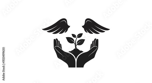 Hands Holding Plant with Birds Illustration.