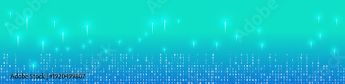 Abstract technology background with binary code 0 and 1. Digital data stream with glowing light effects on a blue-green gradient. Futuristic cyberspace banner.