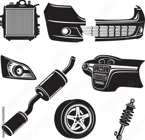 Car Engine Parts and Accessories Vector Set for Automotive Design and Repair