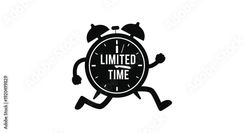A black silhouette of a running clock with arms and legs displaying limited time on its face silhouette high quality professional