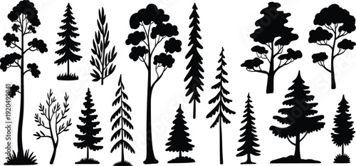 Collection of diverse tree silhouettes in vector style, featuring coniferous and broadleaf species for botanical, landscape, educational, and artistic design use