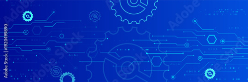 Abstract technology banner with futuristic circuit board lines, gears, and hexagons. Digital background for engineering, automation, or IT concepts. Wide panoramic format.