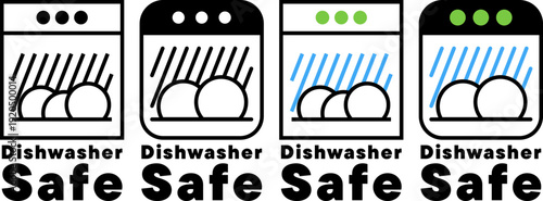 Dishwasher safe icons with different styles and labels for kitchen use and guidelines