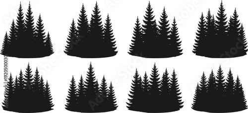 Collection of eight conifer tree cluster silhouettes with varying heights and densities, perfect for forest, nature, landscape, and decorative design projects