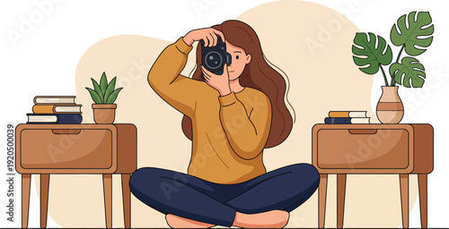 Young Woman Photographer Sitting Cross‑Legged with Camera – Cozy Home Studio Flat Vector Illustration