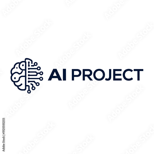 AI Project logo with abstract brain and circuit lines. Modern artificial intelligence, machine learning and digital technology concept isolated on white background.