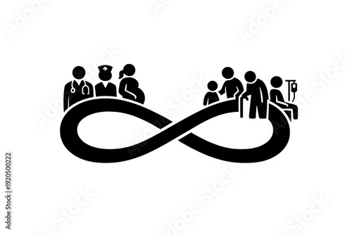 Infinity symbol with healthcare and family silhouettes. Concept of lifelong medical care, social support, insurance, protection and community assistance services.