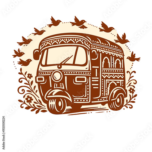 Vintage tuk tuk illustration in ornate folk style with flying birds and floral elements, retro Asian transport concept in monochrome decorative design.
