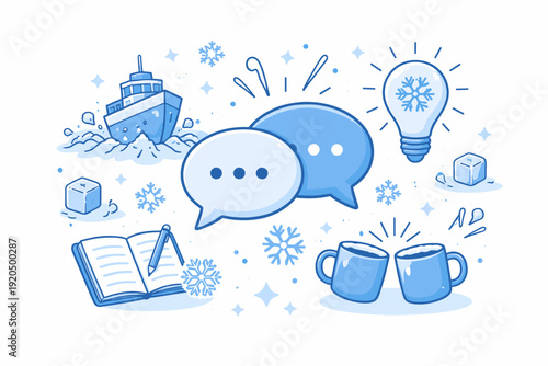 Winter themed flat icon collection with icebreaker ship, chat bubbles, light bulb, notebook and mugs in blue monochrome style.