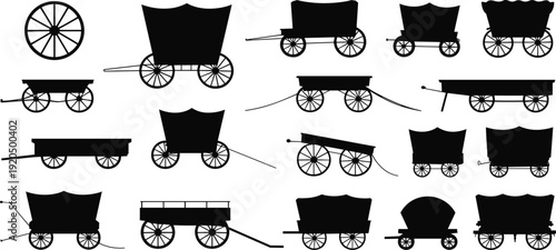 Collection of eighteen wagon and cart silhouettes including covered wagons, flatbed carts, stagecoaches, and wheels for historical, educational, vintage, and design use