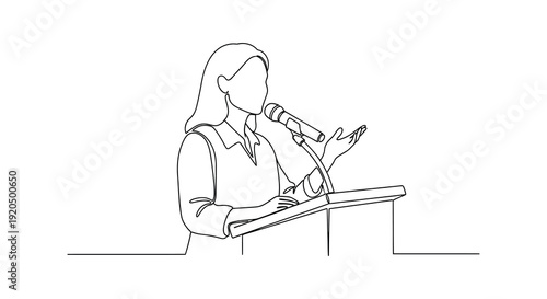 A continuous line drawing depicts a woman speaking at a podium with a microphone a minimalist silhouette high quality professional detailed